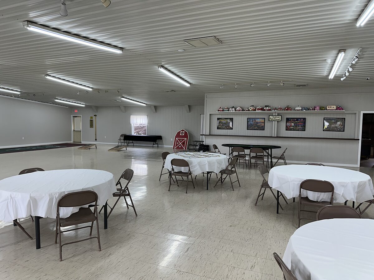 The recreation hall set with round tables