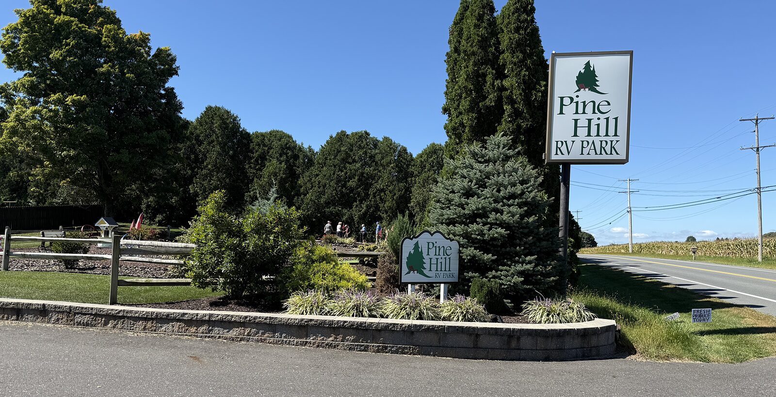 The Pine Hill RV Park sign at the entrance